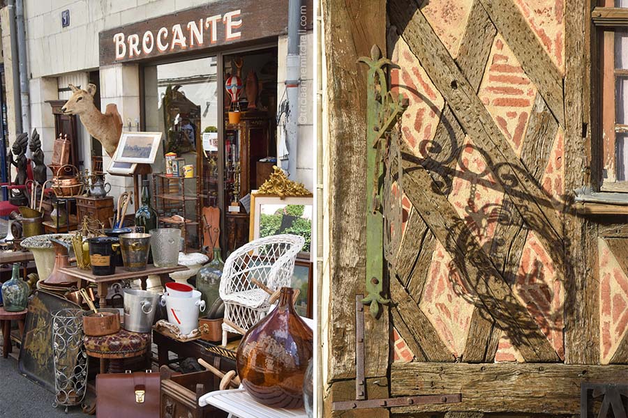 In the photo on the left, flea market objects sit on tables outside a shop with a sign that reads "Brocante," in Saumur, France. On the right, a shadow is cast by an antique sign hanging on a half-timbered building.