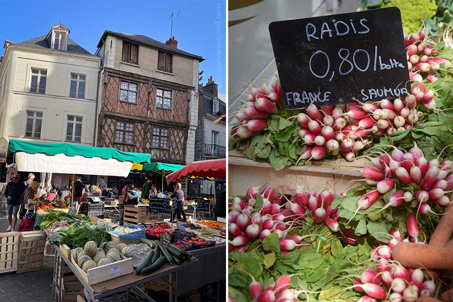 Crates filled with vegetables sit on tables at Saumur's farmer's market. On the right are radishes with a sign that says they are .80 euro cents a bundle and grown in Saumur, France.