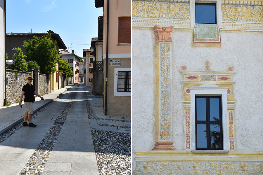 On the left, a man crosses a street in the tiny town of Spilimbergo, Italy. On the right, frescoes adorn the community's town hall building, depicting a column and an ornate rug being aired out.