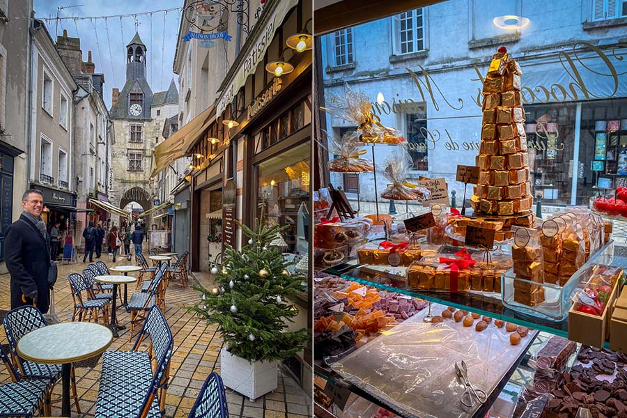 The Bigot Pastry Shop in Amboise, France is decorated for Christmas. In the photo on the left, a tree sits in front of the shop with the town's belltower in the background. On the right, a golden pyramid made of candies fills the store's display window, along with jelly candies, chocolate, and sugared chestnuts.