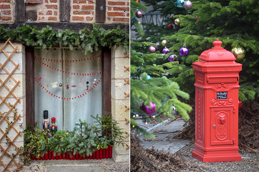 Christmas decorations in Amboise, France. In the photo on the left, a half-timbered, brick building's window is decorated with nutcrackers, red garland, ornaments and evergreen clippings. On the right, an old-fashioned red mailbox sits on the main square, Michel Debré. A sign on the mailbox, which is handwritten, reads: "Le Père Noël: Livraison Express."
