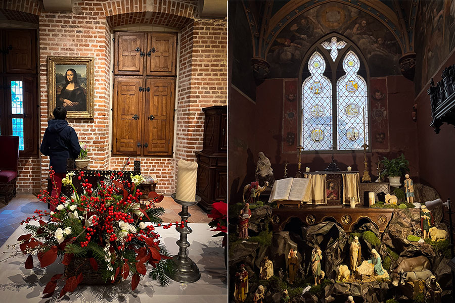 The interior of Clos Lucé as seen during the Christmas winter holidays. In the photo on the right, a visitor looks at a replica of the Mona Lisa hanging on the brick wall of the dining room. A bright red and white floral arrangement and white candle sit on the table. In the photo on the right, a nativity scene featuring green moss and small religious figures fills the chapel at Clos Lucé. A predominantly clear panel of stained glass is visible in the background, as are paintings on the vaulted ceiling.