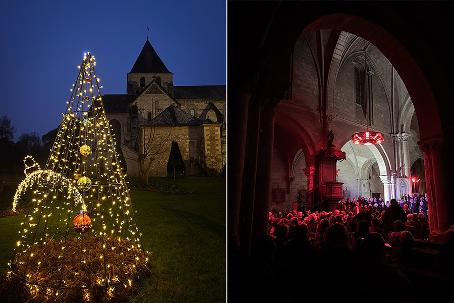 The exterior and interior of Amboise's Saint Denis Church. In the photo on the left, the stone church is visible at dusk. There is a wire pyramid shape decorated with Christmas lights an ornaments. In the photo on the right, members of a chorus perform inside the church's interior. The red lights of the chandelier cast a red glow on the audience and performers.