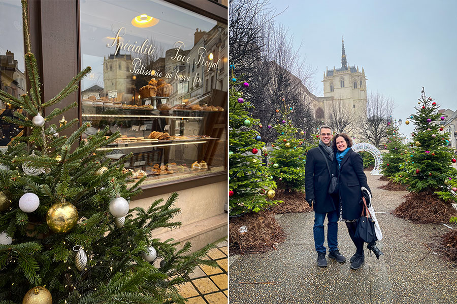 On the left, a Christmas gree wtih white and gold ornaments sits outside of a pastry shop in Amboise, France. On the right, a woman and man pose below the Saint Hubert Chapel in Amboise, France.