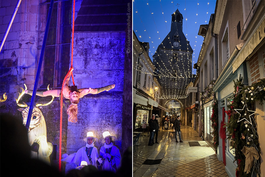 Int he photo on the left, an aerial rope performer hangs upside down on a red rope, her legs outstretched. Two parade participants look on. In the right, Amboise, France's principal street, Rue Nationale, is decorated for Christmas with white twinkling lights overhead and evergreen trimmings on a storefront.