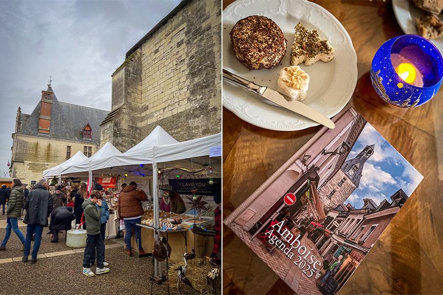 In the left, Amboise's Christmas market fills the square by the Saint Florentin Church. White tents shelter merchants selling handmade soap, metal sculptures, and more. In the photo on the right, a dining room table shows a white plate with goat cheese shaped like a Christmas tree and snowflake and coveredw tih herbs. An electronic candle fills a blue candleholder and book titled "Amboise Agenda 2025" sits on the table.