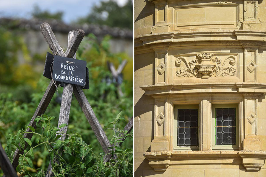 Left: A wooden tomato trellis features a slate sign handwritten with the words: "Reine de la Bourdaisière" Right, close-up of a window and ornamentation of the Château De La Bourdaisière in France.

