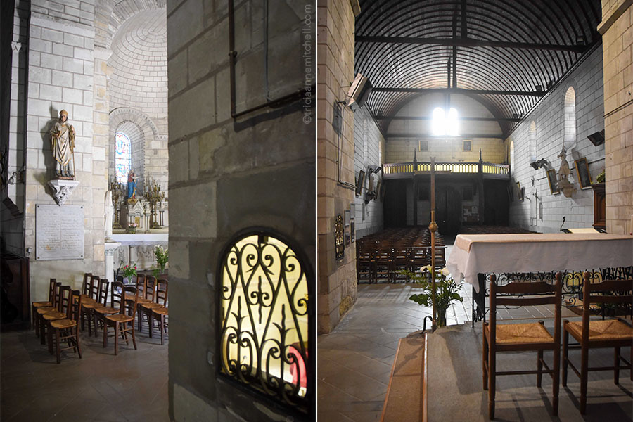 On the left and right are two photos of the interior of the Église Saint Martin et Saint-Médard in Cinq Mars la Pile, France. Wooden chairs stand in rows underneath the barrel shaped ceiling alongside religious statues.
