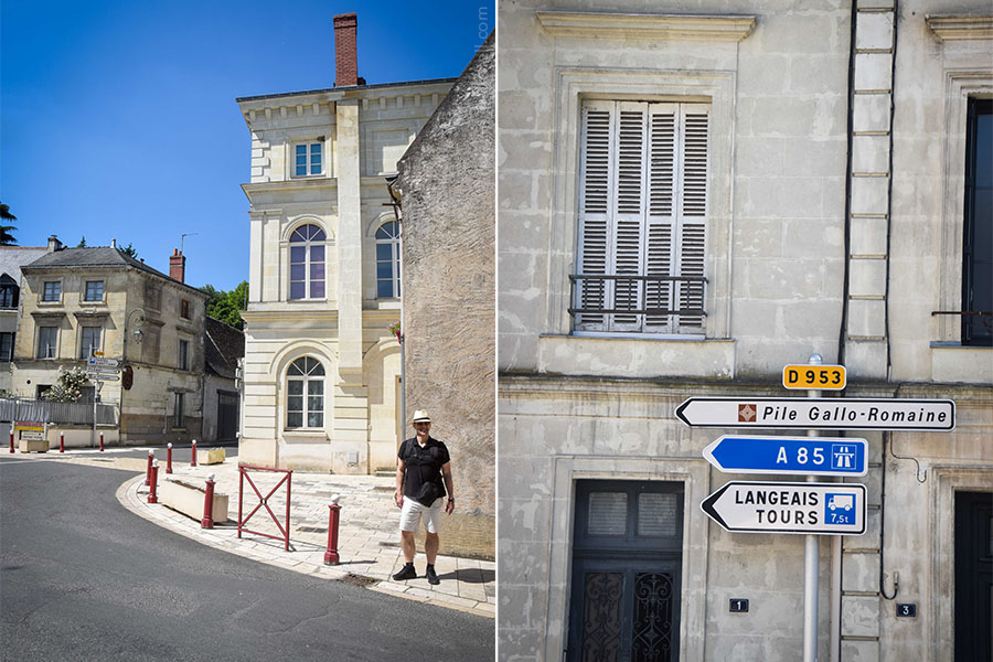 On the left, street scenes in Cinq Mars la Pile, France. White stone buildings are visible, alongw ith signs pointing to the "Pile Gallo-Romaine" and the cities of Langeais and Tours.